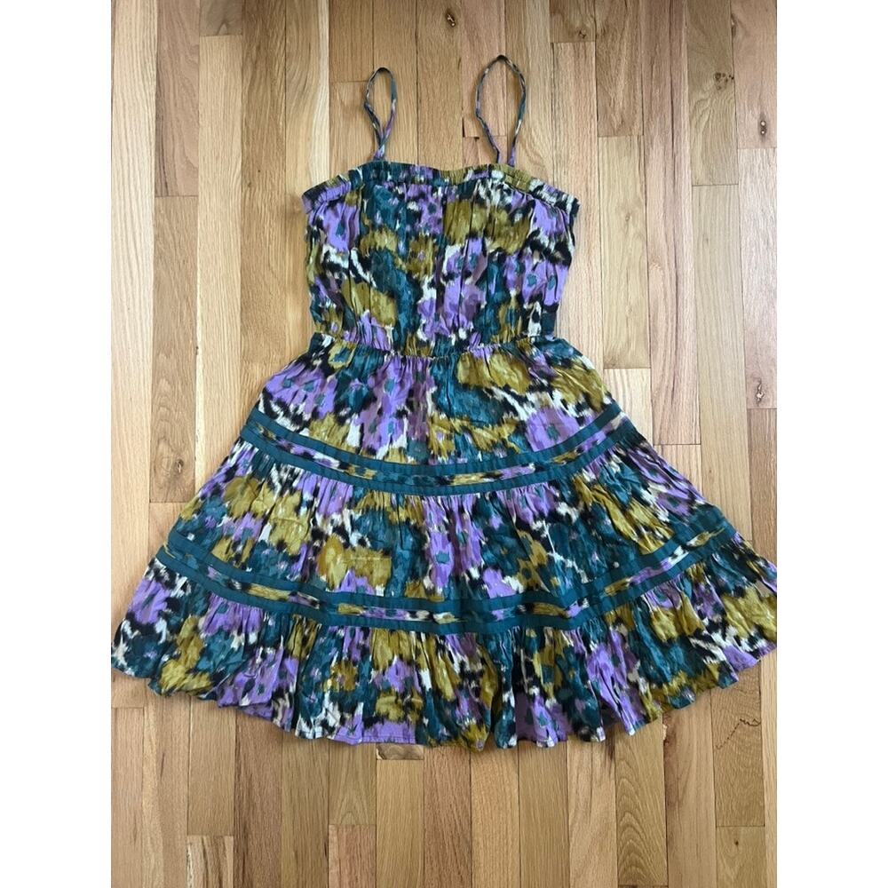 Elle Purple & Teal Floral Watercolor Spaghetti Strap Sun Dress Tiers (size XS)